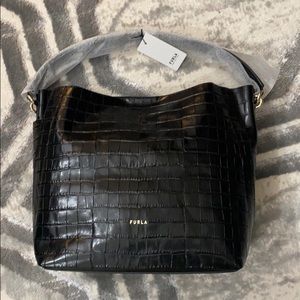 NWT Furla Leather Black Croc Embossed Hobo Bag